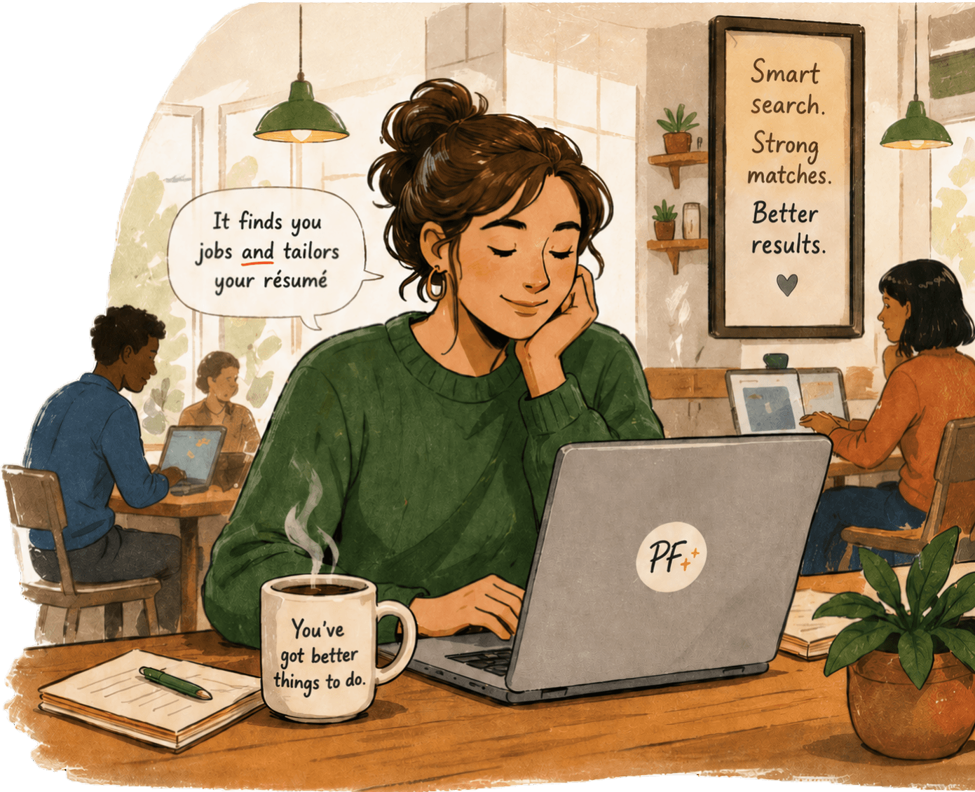 Woman at laptop in cafe — Perfect Fit in action